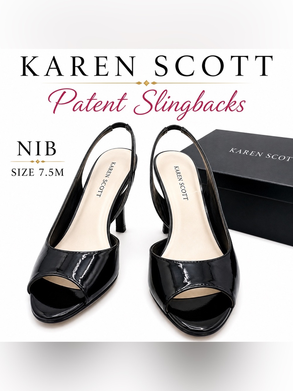 Karen Scott Elegant Black Peep-Toe Slingback Heels NIB